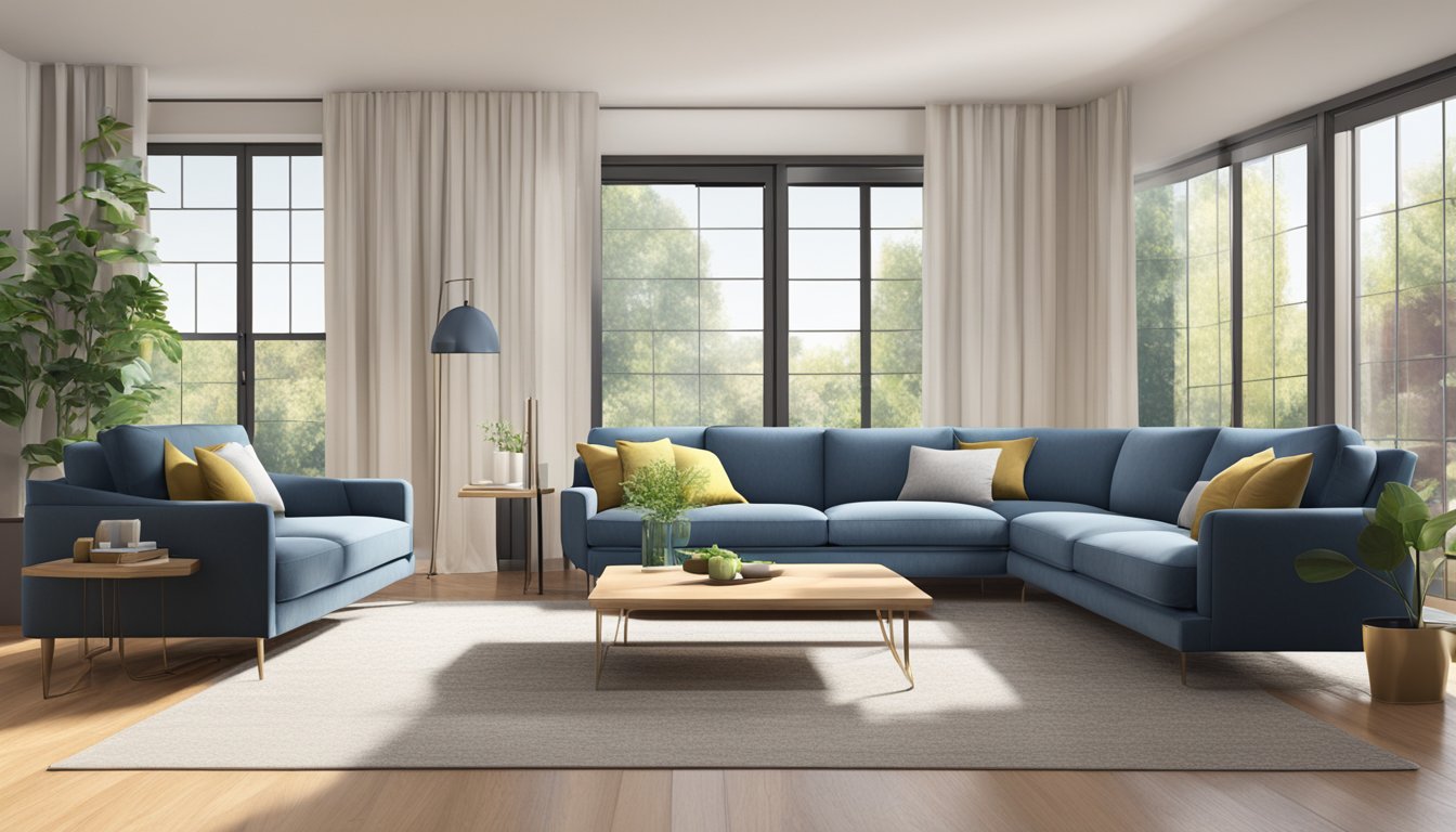 Two modern sofas in a living room, one larger than the other. The room is well-lit with natural light coming in from large windows