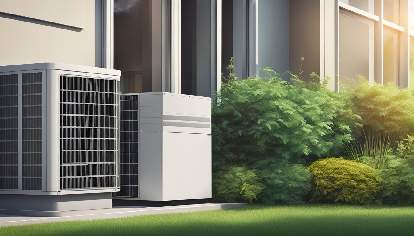 An outdoor AC unit sits next to a residential building, surrounded by grass and shrubs. The unit is modern and sleek, with visible vents and a control panel