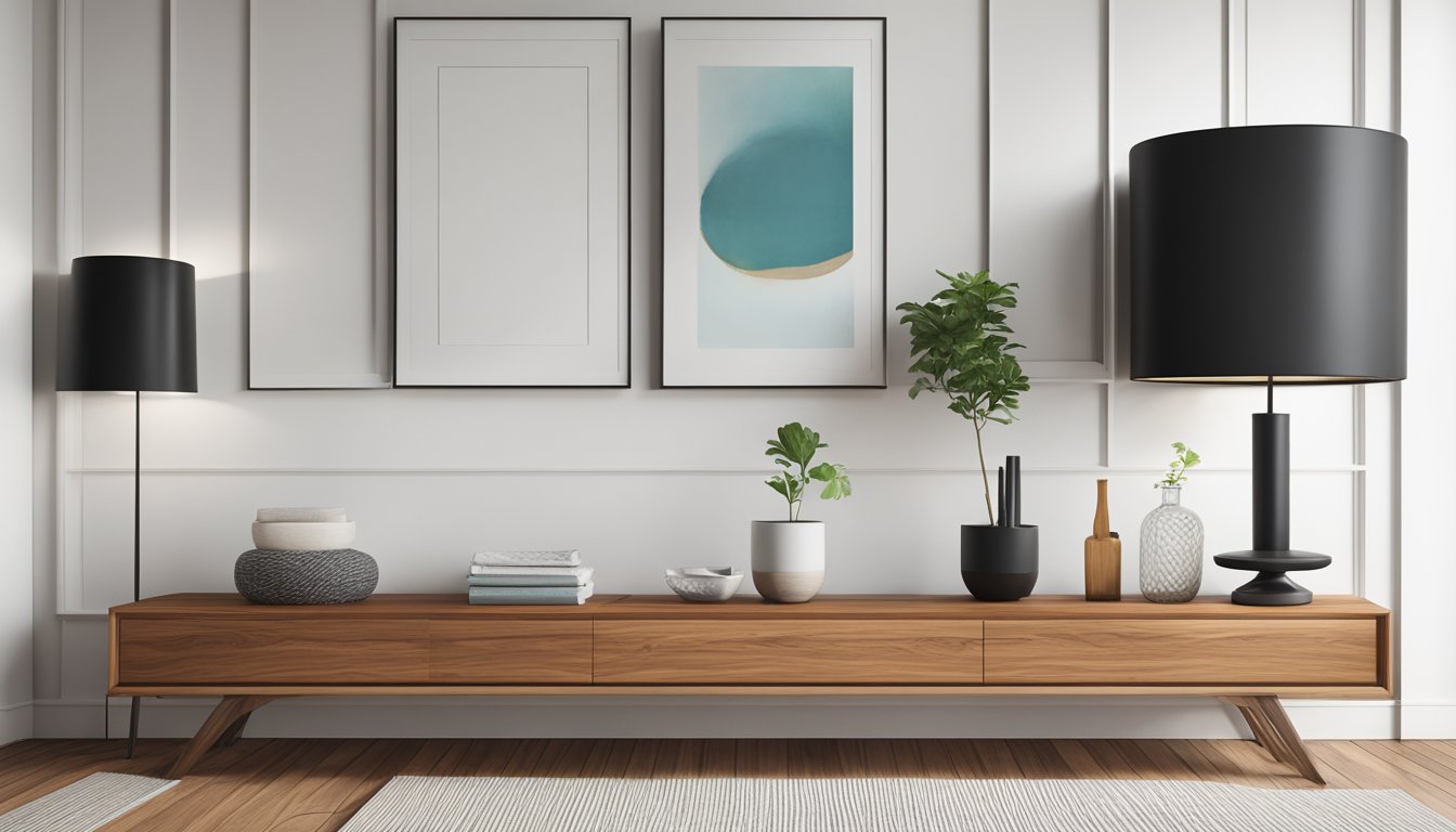 A teak console stands against a white wall, adorned with minimalistic decor and a sleek, modern design