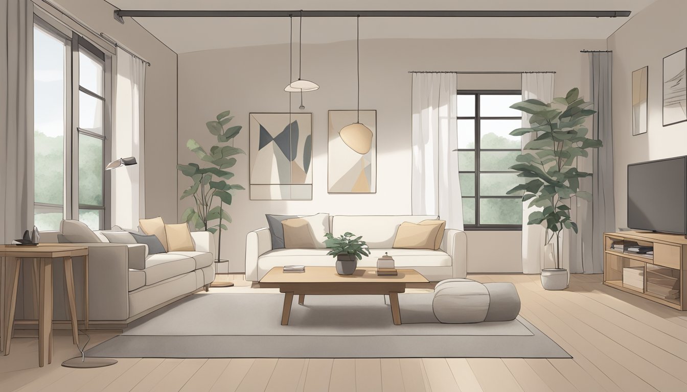 A minimalist Muji-style interior with clean lines, natural materials, and neutral colors. Simple furniture, uncluttered spaces, and soft lighting create a serene atmosphere