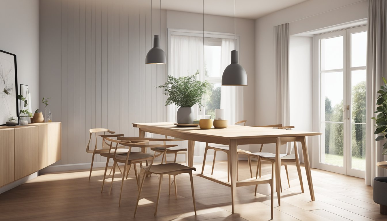 A sleek, minimalist nordic dining chair sits at a wooden table, surrounded by soft, natural lighting and a clean, uncluttered space