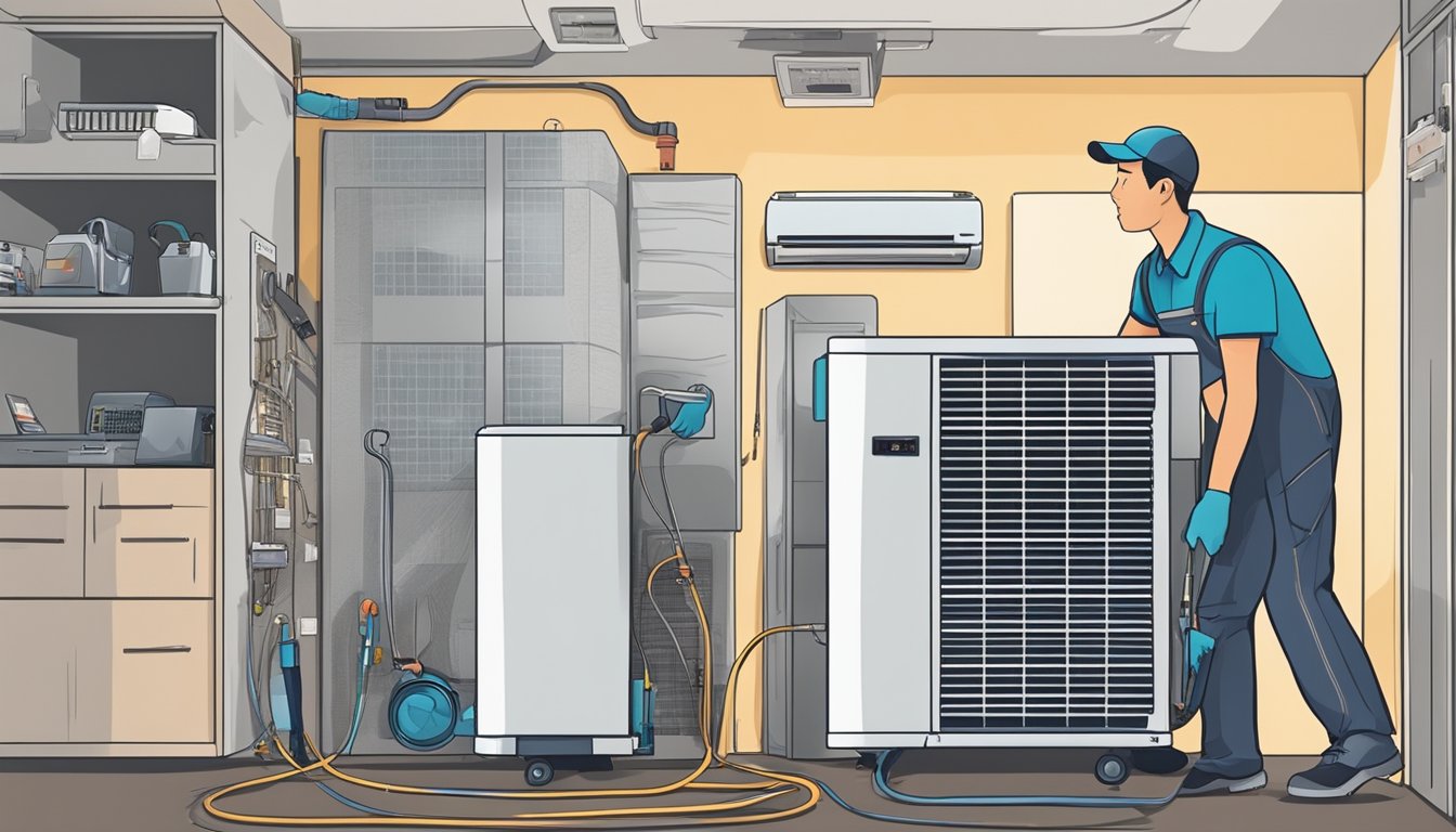 A technician installs an aircon unit in a Singapore home, surrounded by tools and equipment. A price list and FAQs are visible nearby