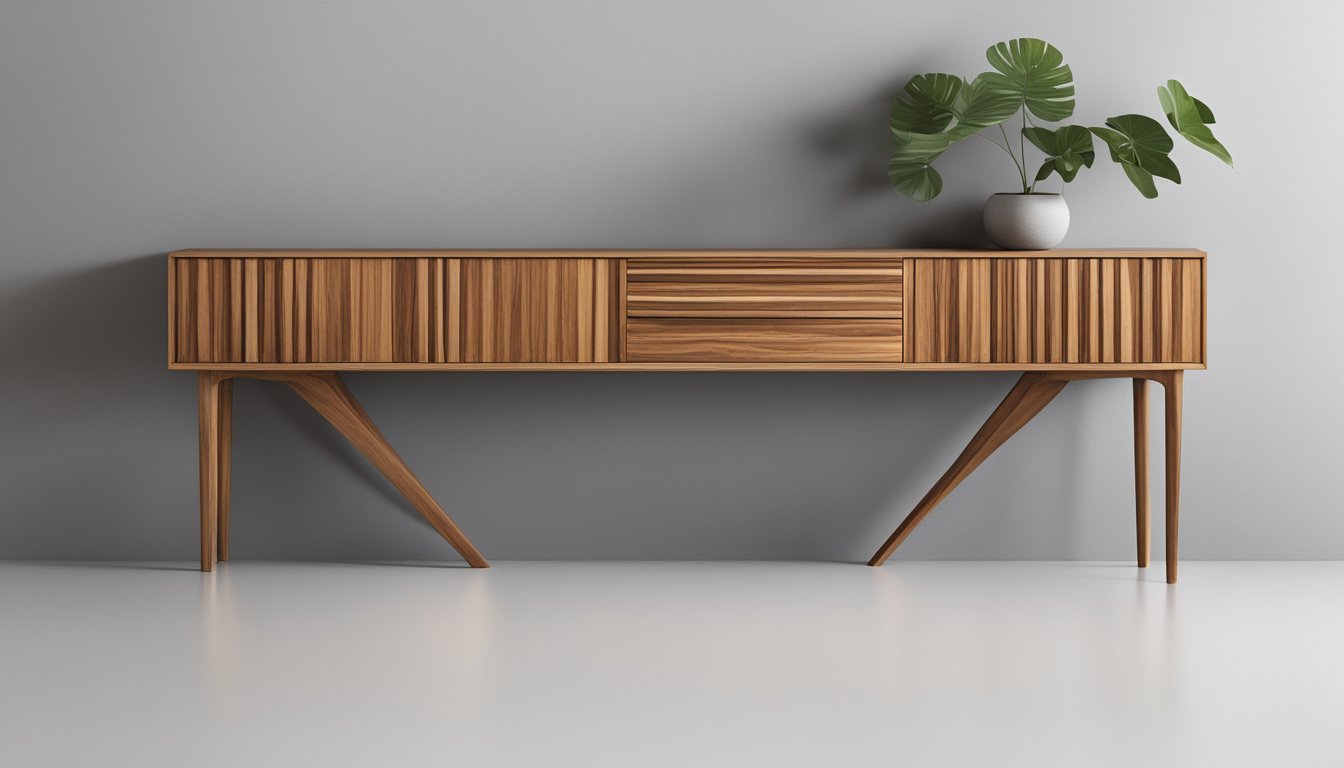 A teak console stands against a white wall, showcasing its sleek design and expert craftsmanship. The wood's natural grain adds warmth to the minimalist piece