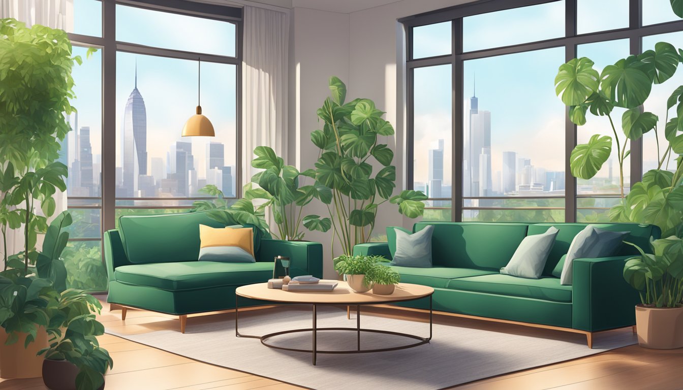 A cozy, modern living room with a city skyline view, lush green plants, and a comfortable seating area