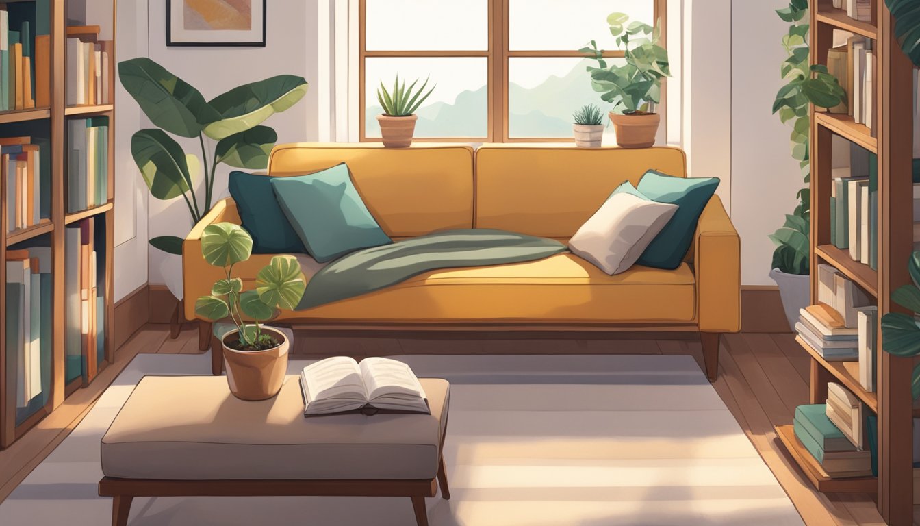 A small sofa bed sits in a cozy living room, surrounded by soft pillows and a warm throw blanket. The room is bathed in natural light, with a bookshelf filled with books and plants adding to the inviting atmosphere