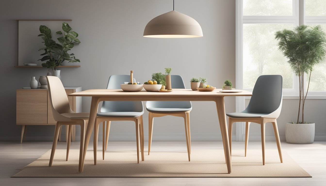 A sleek, minimalist Nordic dining chair surrounded by a clean, modern dining table set against a backdrop of soft, natural lighting