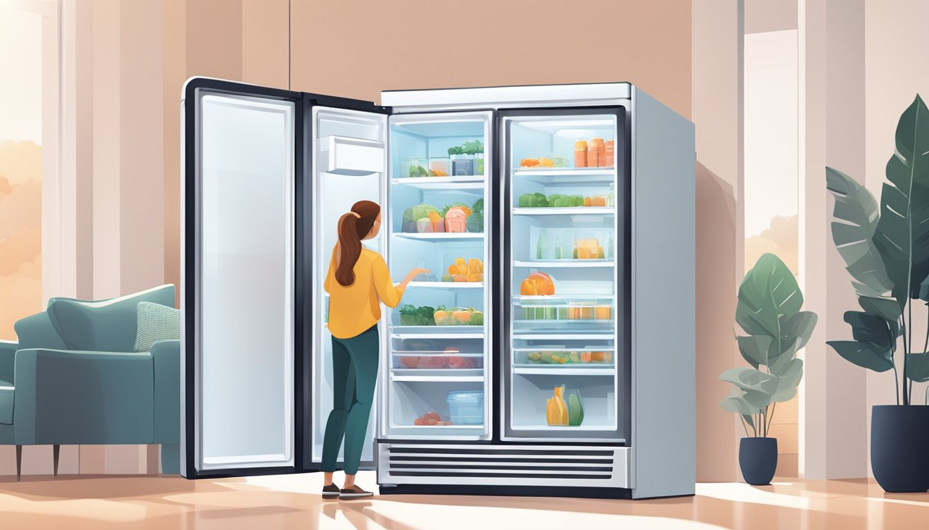 A person opening the door to a sleek, modern fridge in a well-lit showroom, surrounded by various models and price tags
