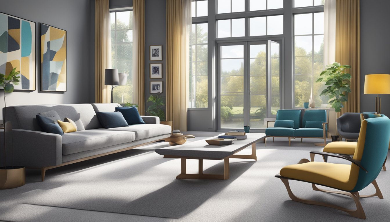 A living room with a sleek grey carpet, illuminated by natural light from a large window and accented by modern furniture
