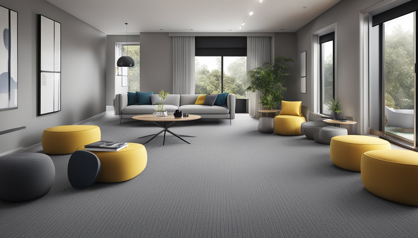 A room with sleek grey carpeting, adding a modern touch to the space