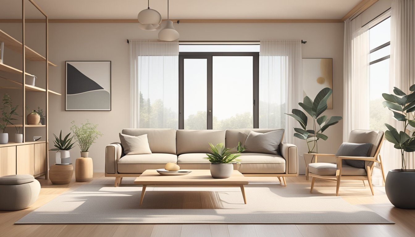 A minimalist living room with light wood furniture, neutral colors, and natural materials. Clean lines and uncluttered space create a serene atmosphere