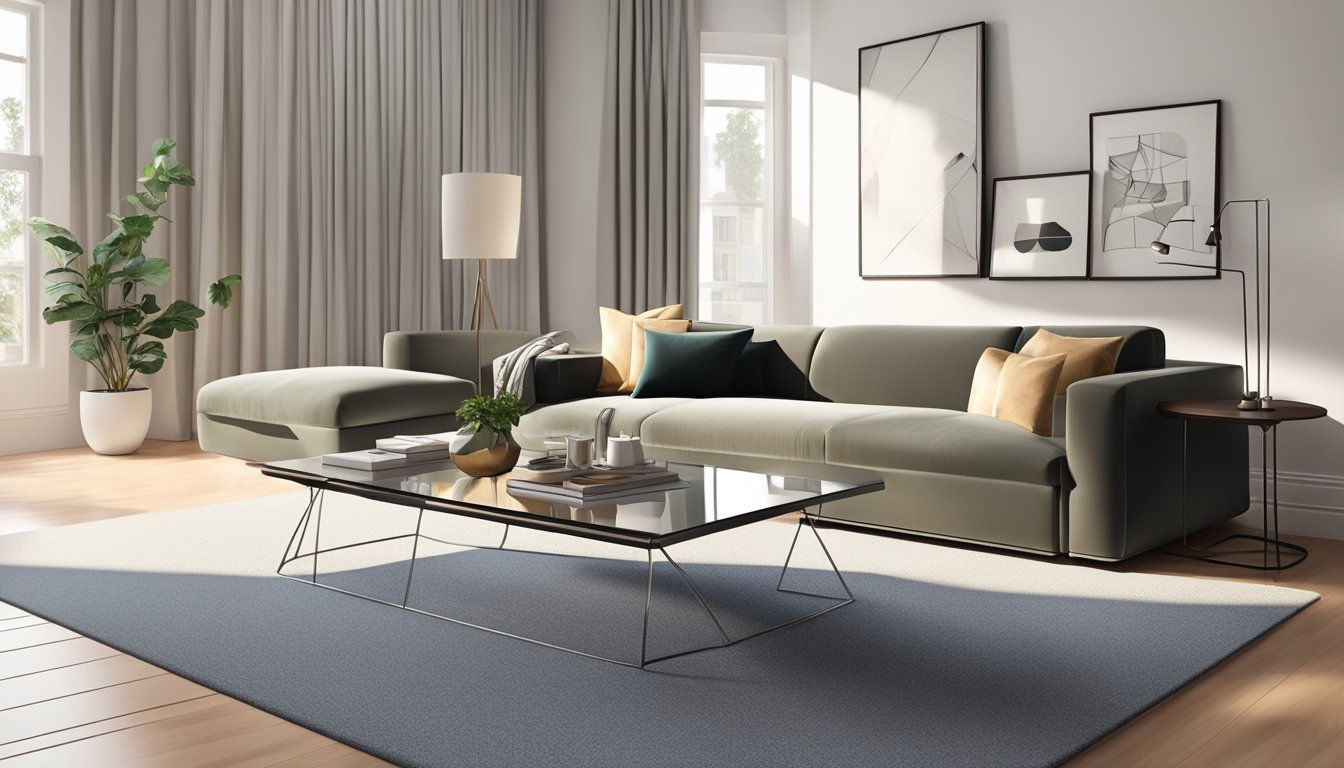 A sleek, rectangular coffee table with a glass top and metallic legs sits in a minimalist living room, surrounded by a plush rug and a contemporary sofa
