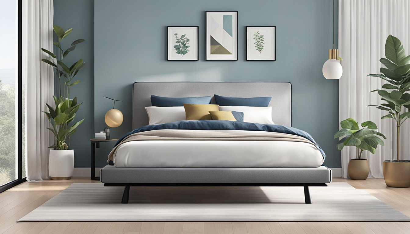 A sleek, modern bed frame by Maxcoil stands in a minimalist bedroom, with clean lines and a sturdy build