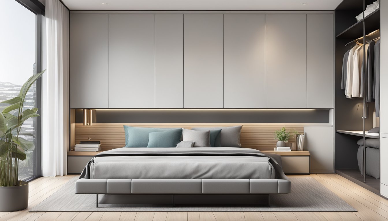 A platform bed with a sleek wardrobe sits against a wall, with minimalistic design and clean lines