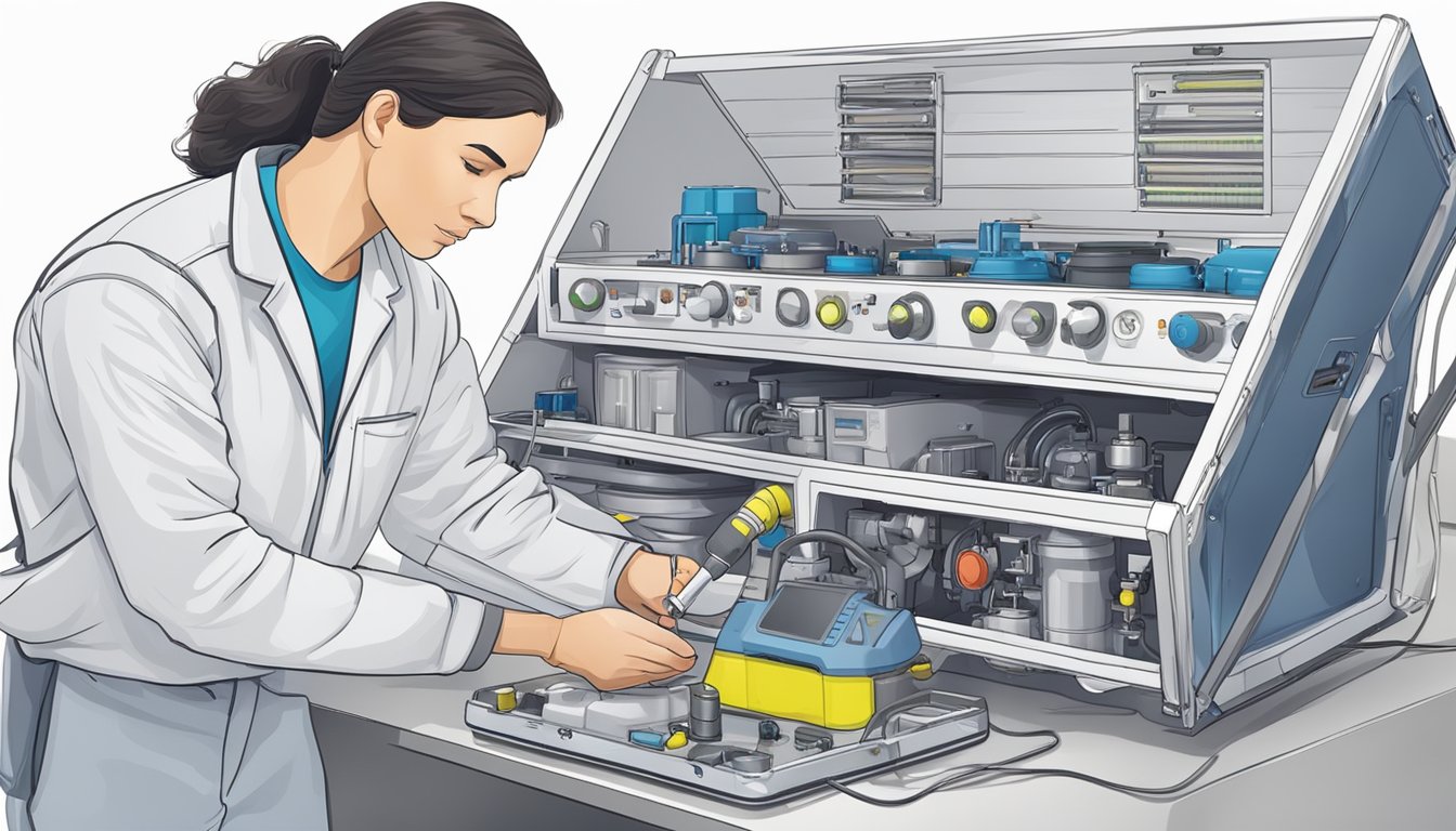 A technician conducts pre-inspection checks on a purifier, inspecting various components and recording findings in a logbook