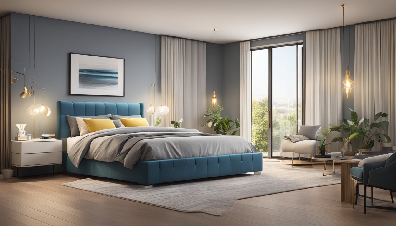 A bedroom with a Maxcoil bed frame as the focal point, surrounded by modern decor and soft lighting