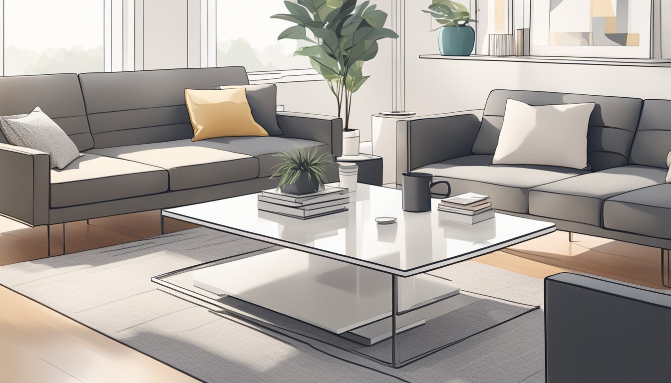 A sleek, minimalist coffee table with clean lines and a glossy finish sits in a bright, airy living room with modern decor