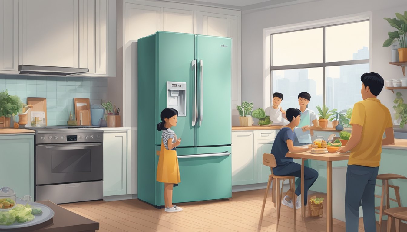 A brand new, affordable fridge in a Singaporean kitchen, surrounded by curious onlookers
