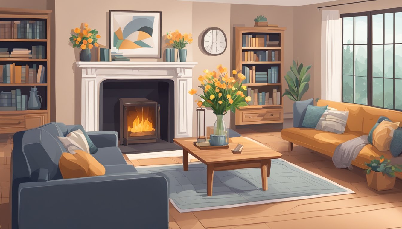 A cozy living room with a large, plush sofa, a coffee table with books and a vase of flowers, and a fireplace with a crackling fire