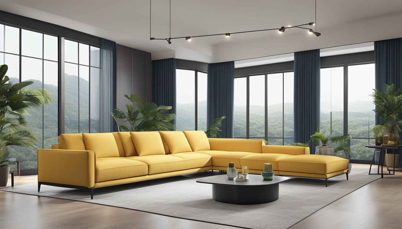 A sleek fabric sofa on sale in a modern Singapore showroom