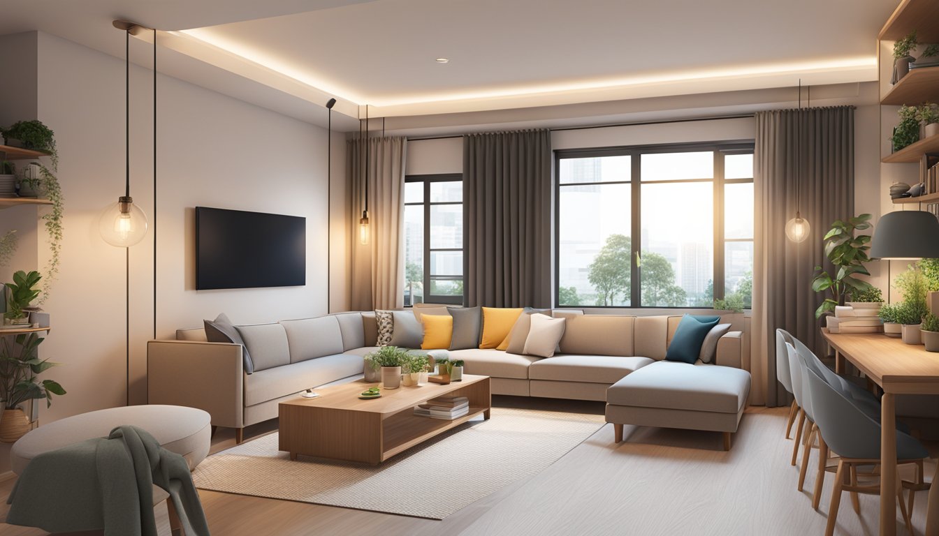 A cozy HDB 3-room flat with modern interior design, featuring minimalist furniture, warm lighting, and a neutral color palette