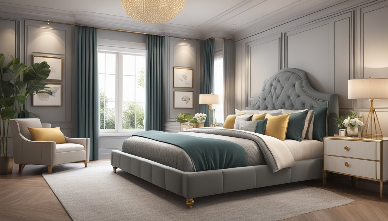 A luxurious bedroom with a Maxcoil bed frame, adorned with plush pillows and a cozy comforter. Soft lighting and elegant decor complete the inviting ambiance