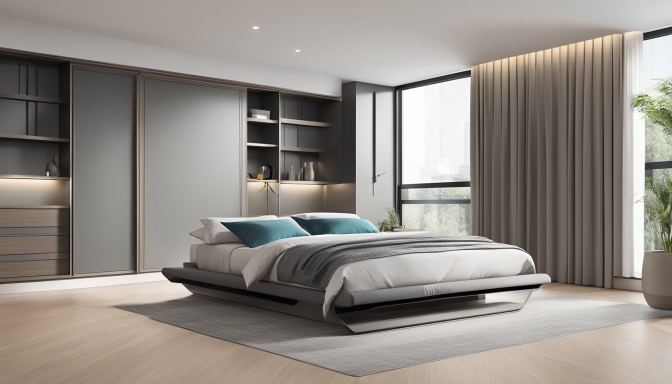 A modern platform bed with built-in wardrobe, sleek lines, and minimalist design