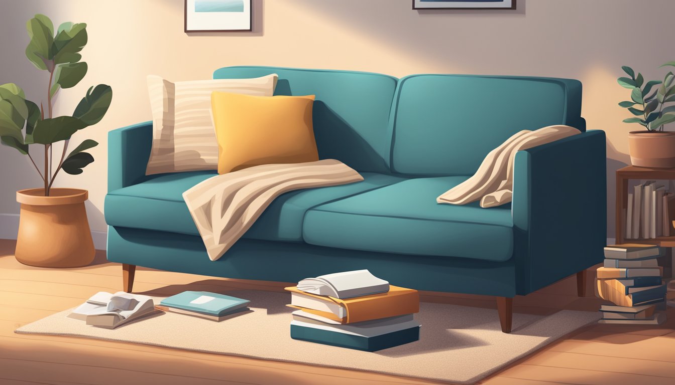 A small sofa bed surrounded by various household items, with a stack of books and a cozy blanket on top