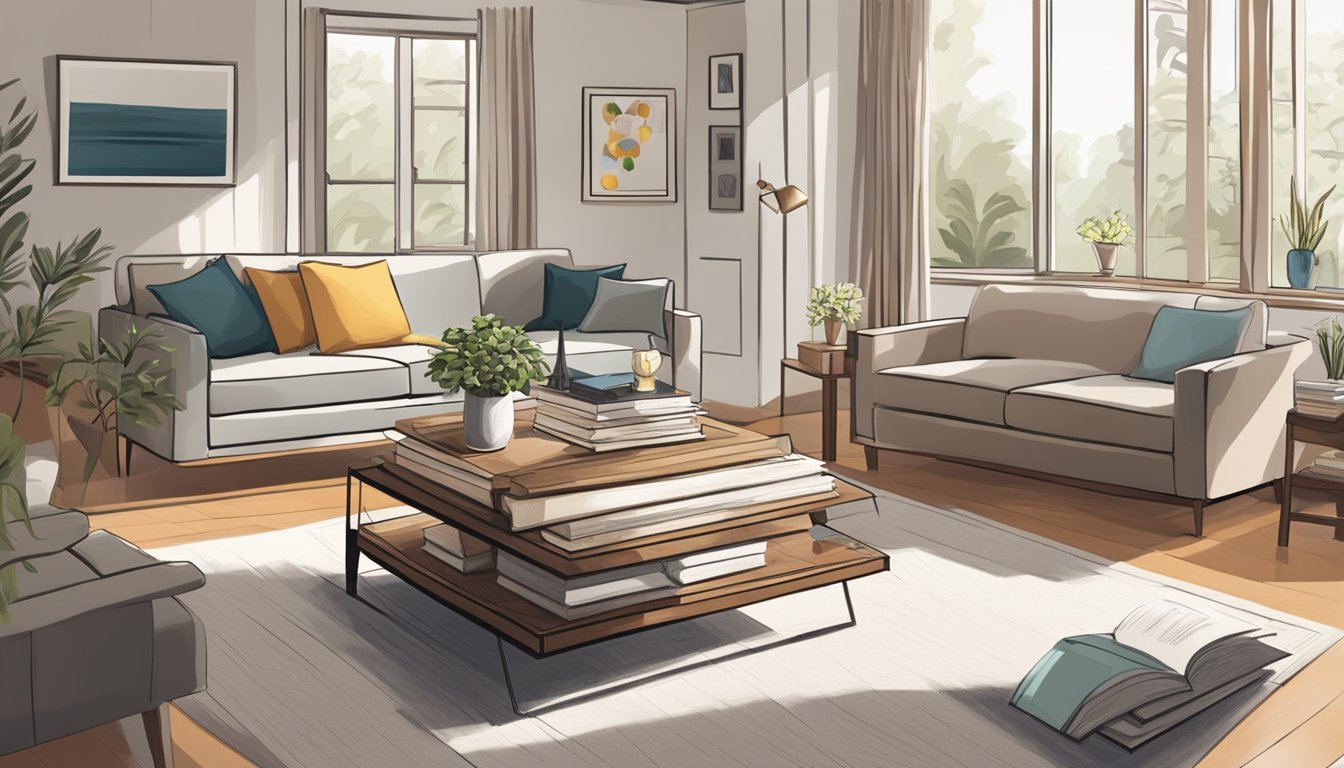 A modern coffee table sits in a well-lit living room, positioned at the center of a cozy seating area, with a stack of books and a decorative vase placed neatly on top