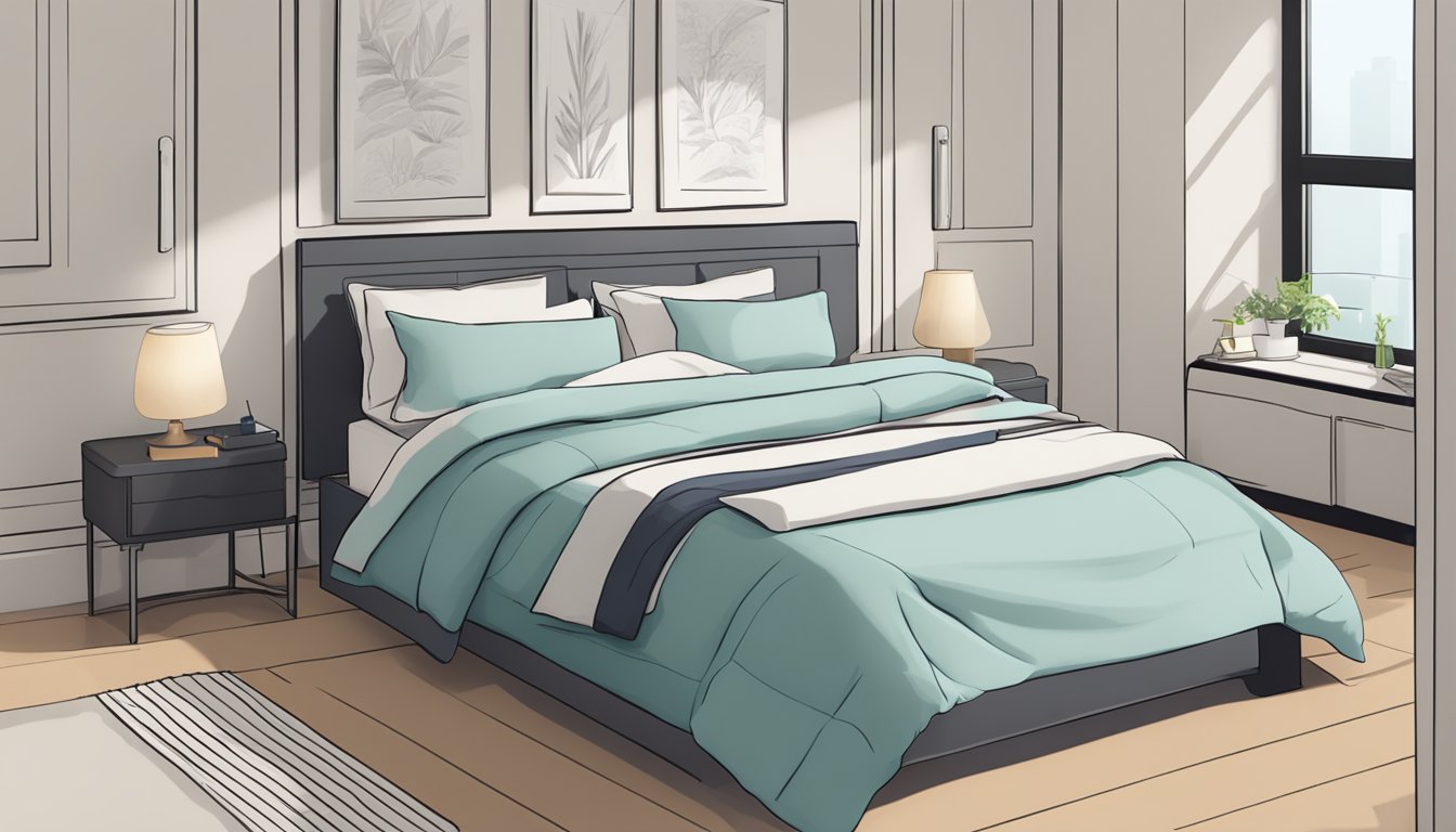 A bedroom with a neatly made bed, featuring a Maxcoil bed frame. A stack of FAQ sheets sits on the bedside table