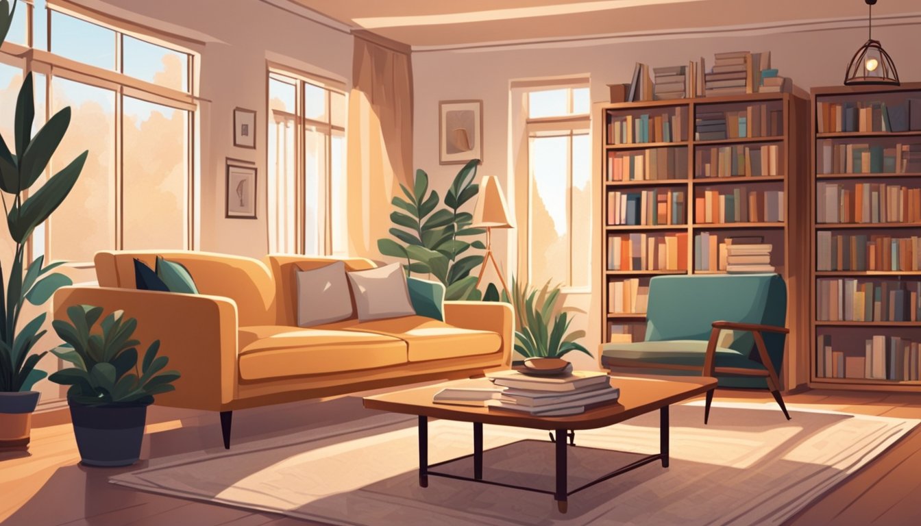 A cozy living room with a plush sofa, coffee table, and bookshelves filled with books. A soft rug and warm lighting complete the inviting atmosphere