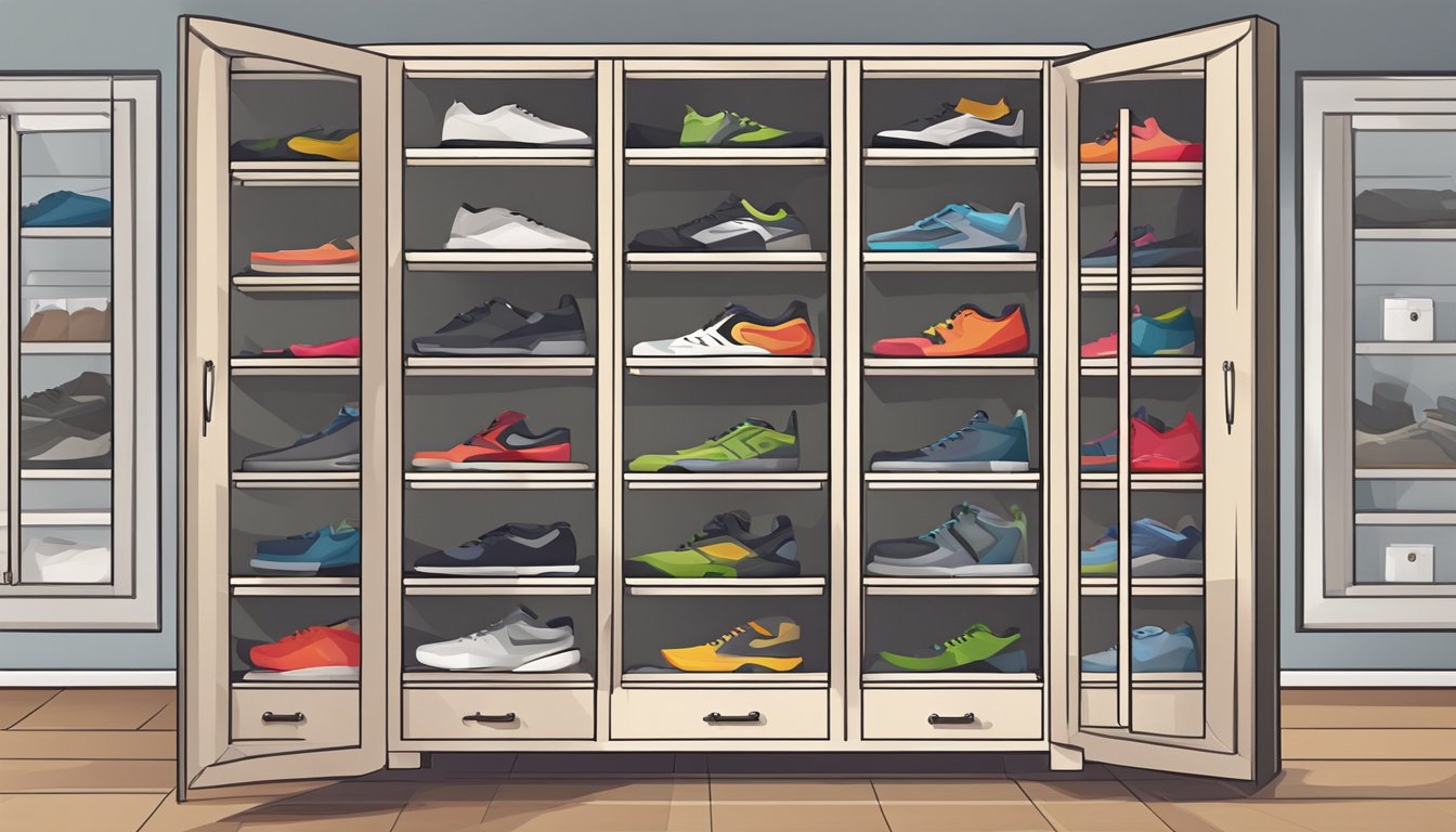 A shoe organizer cabinet with multiple shelves and compartments, neatly storing various pairs of shoes in an organized and tidy fashion