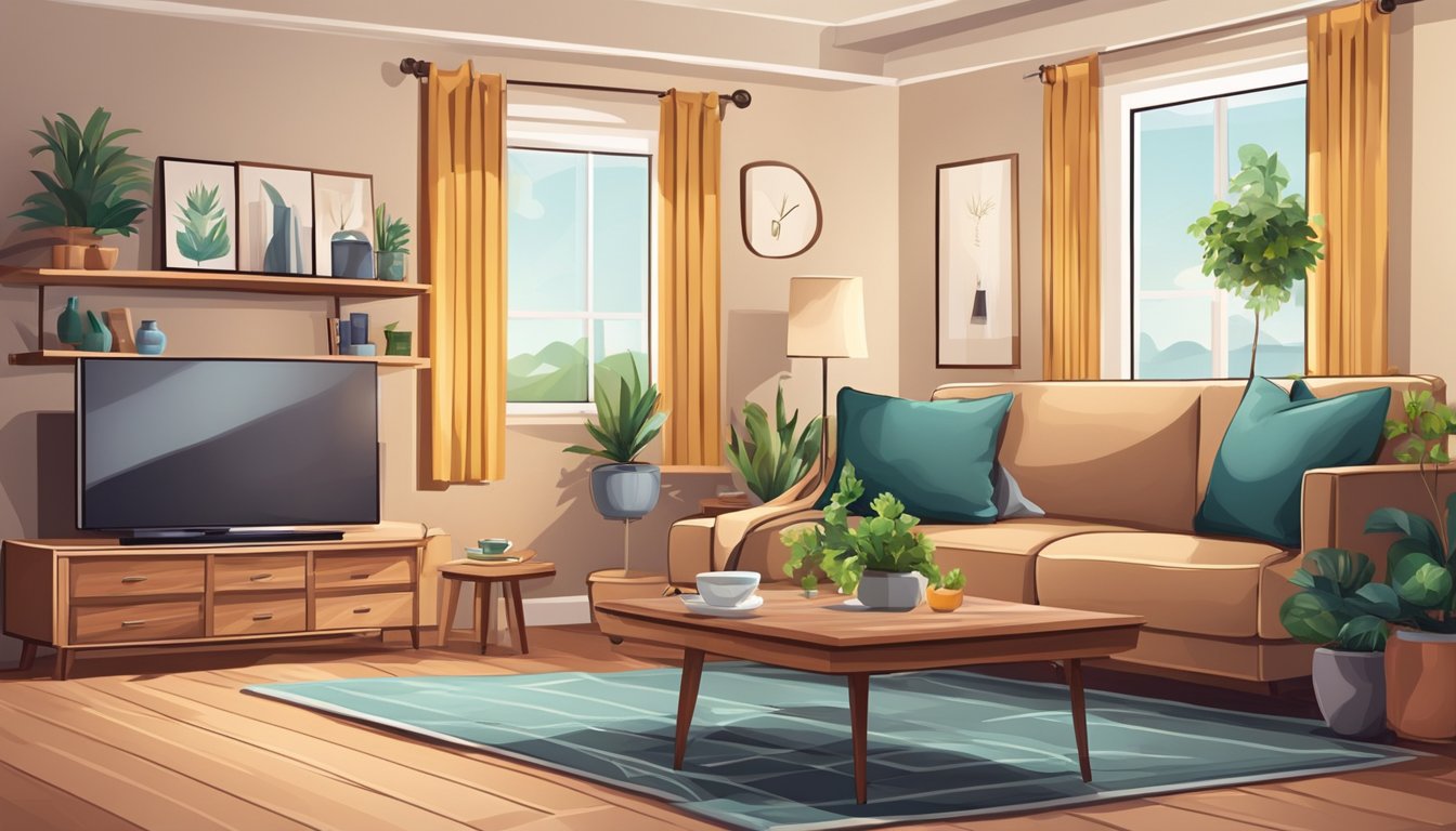 A cozy living room with a plush sofa, coffee table, and bookshelf. A dining area with a table and chairs. A well-equipped kitchen with modern appliances. A comfortable bedroom with a bed, nightstands, and a dresser
