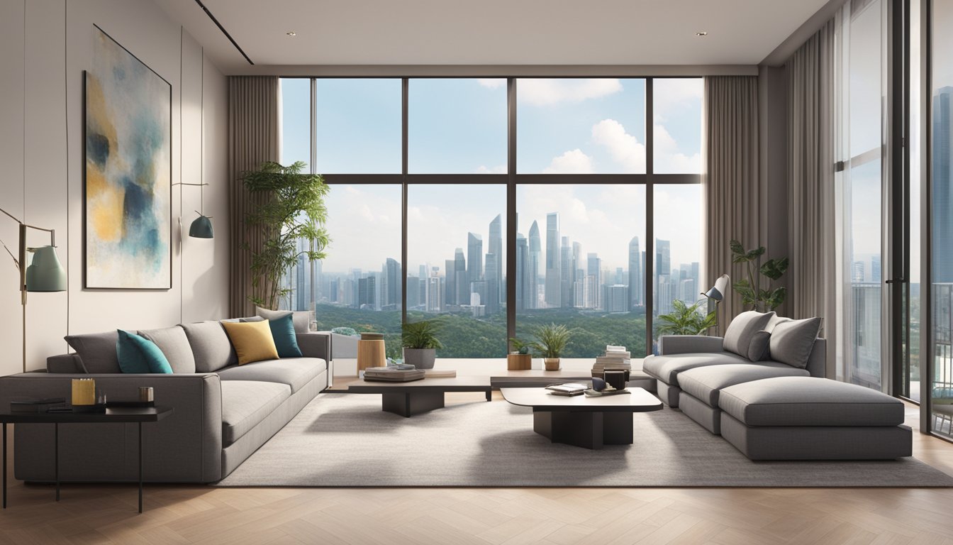 A spacious, modern living room in Singapore with sleek furniture, large windows letting in natural light, and a stunning view of the city skyline