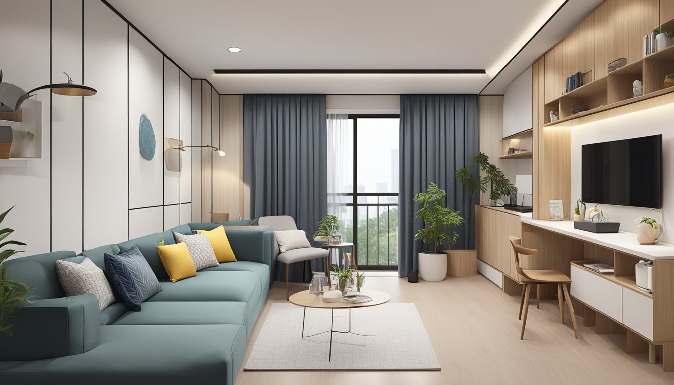 The 3-room HDB flat features multifunctional furniture, built-in storage solutions, and clever use of wall space for a spacious and organized interior design