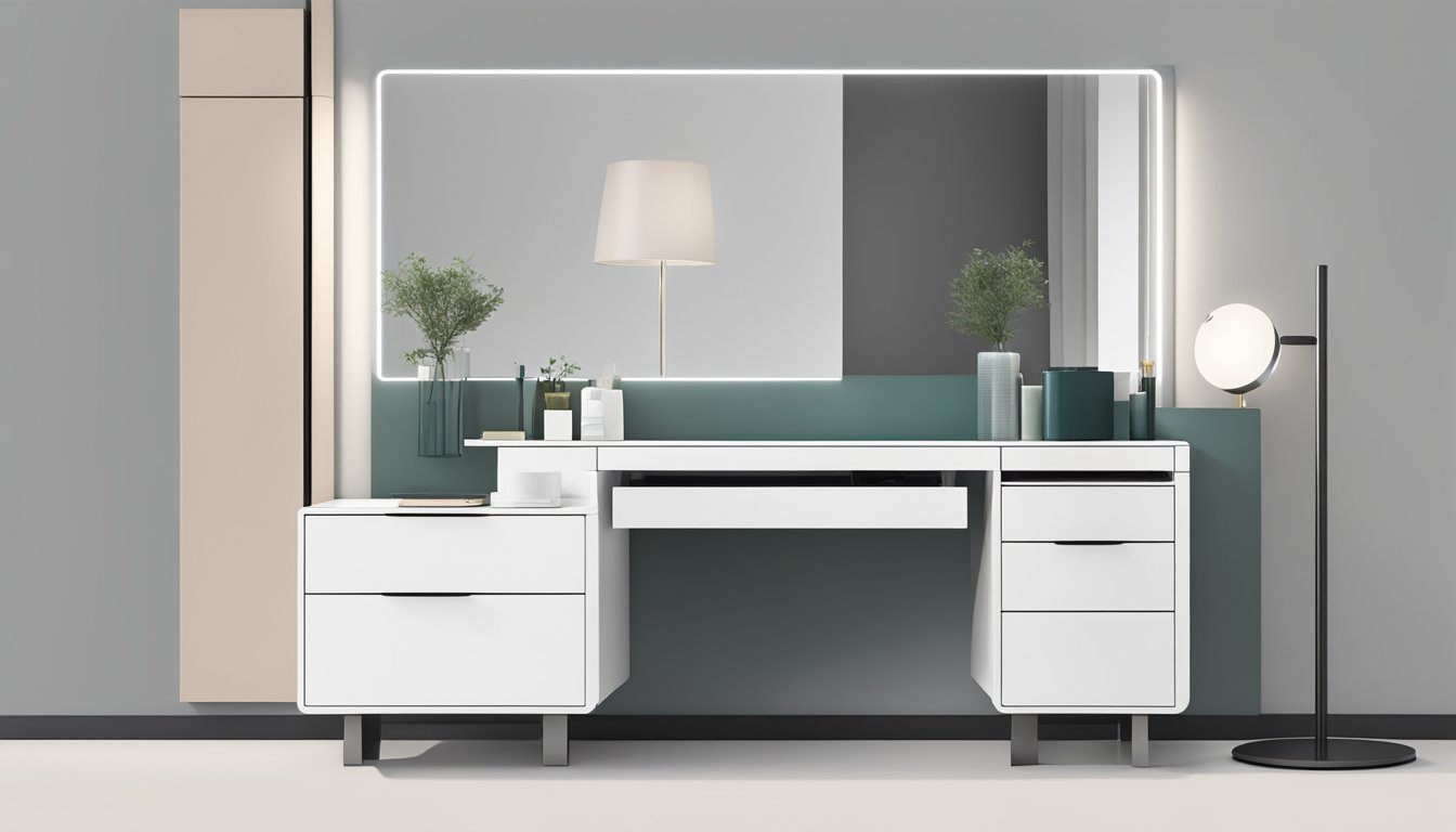 A sleek, minimalist dressing table with a large, rectangular mirror and clean lines. It features a smooth, glossy surface with built-in drawers and compartments for storage