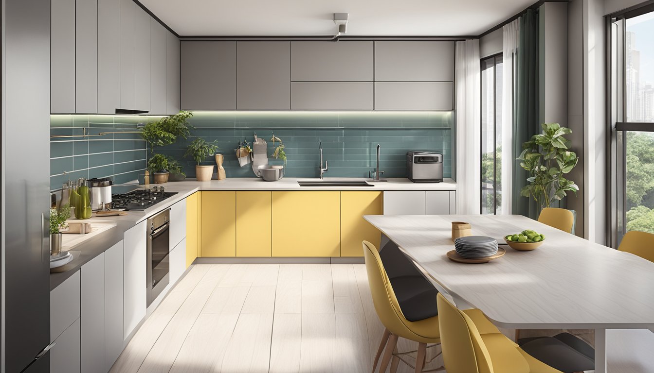 An L-shaped kitchen in an HDB flat with modern appliances and sleek countertops. Cabinets line the walls, and a window allows natural light to fill the space