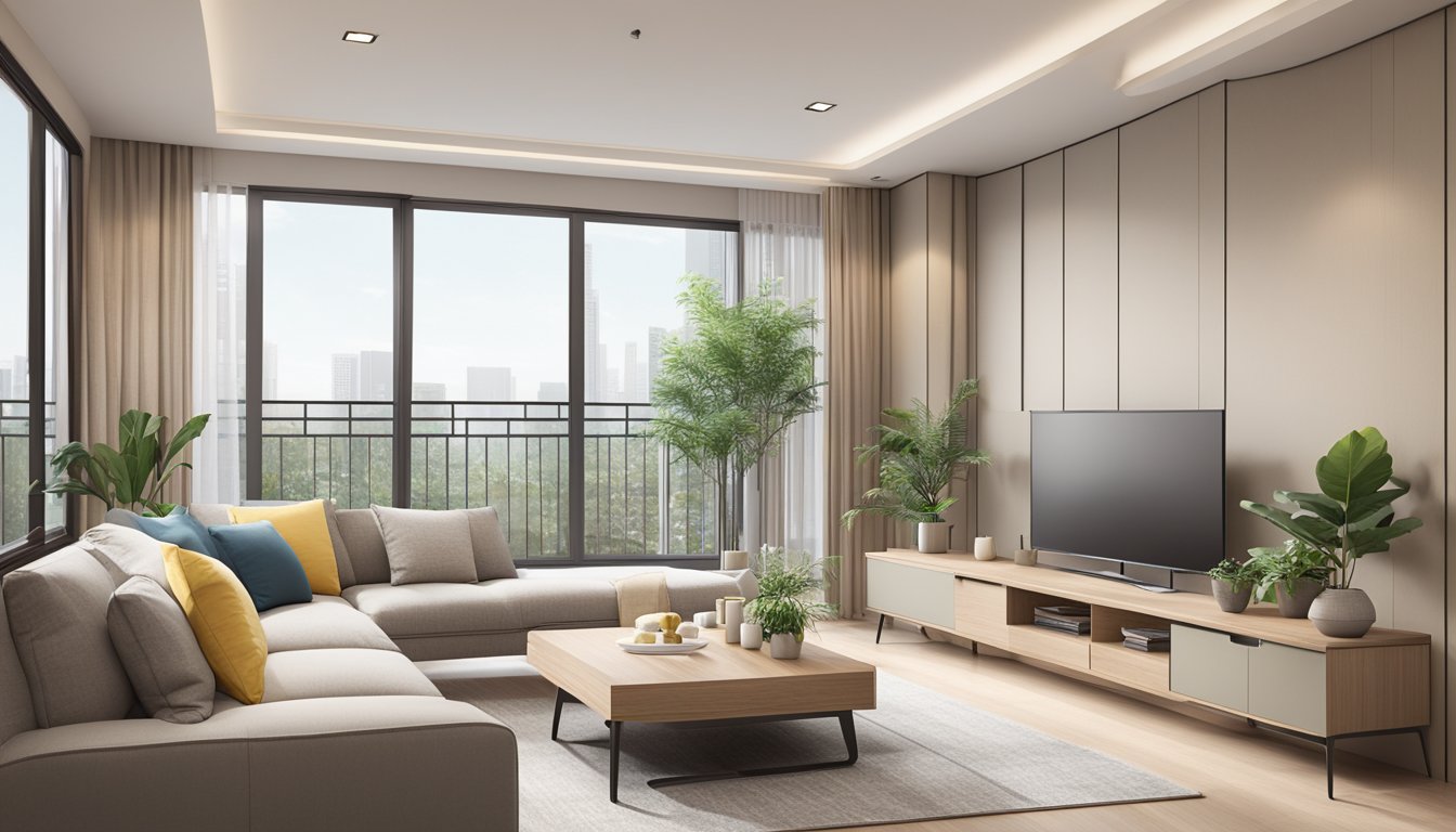 A spacious 5-room HDB living room with modern furniture, large windows, and a neutral color palette