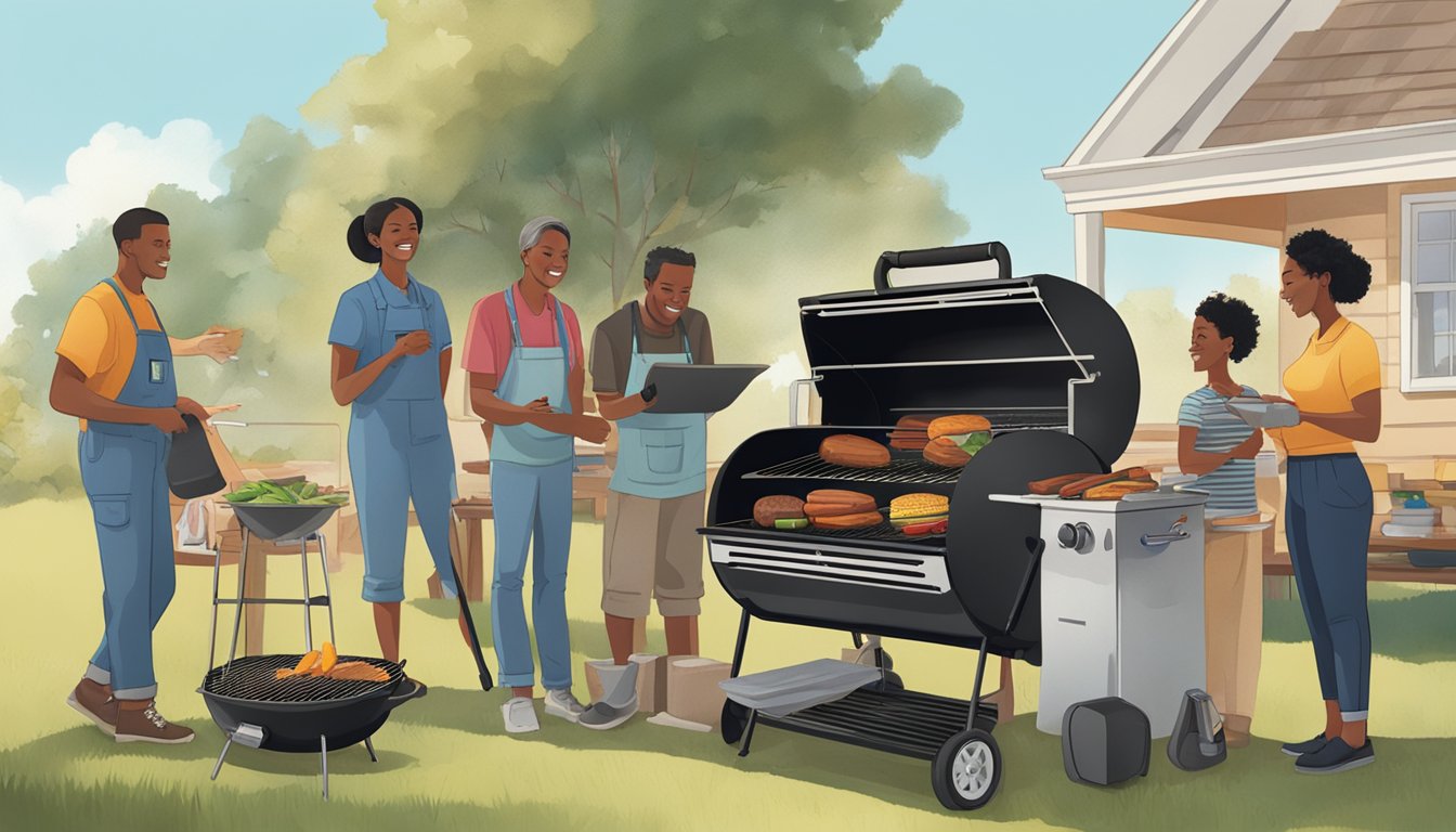 A group of people gather around a newly purchased grill, with tools and supplies nearby, ready for a community maintenance and engagement event