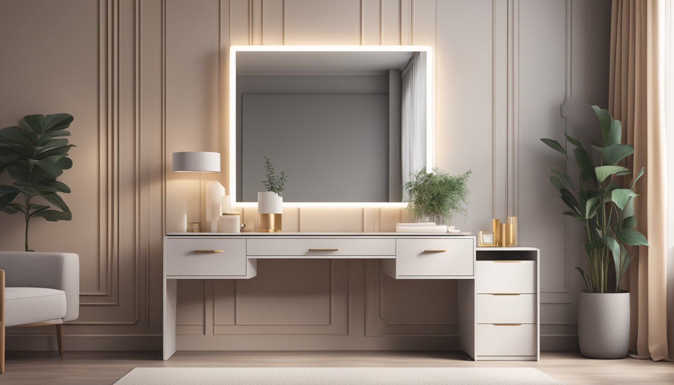 A sleek, modern dressing table with a large, rectangular mirror sits against the bedroom wall, adorned with minimalist decor and soft lighting