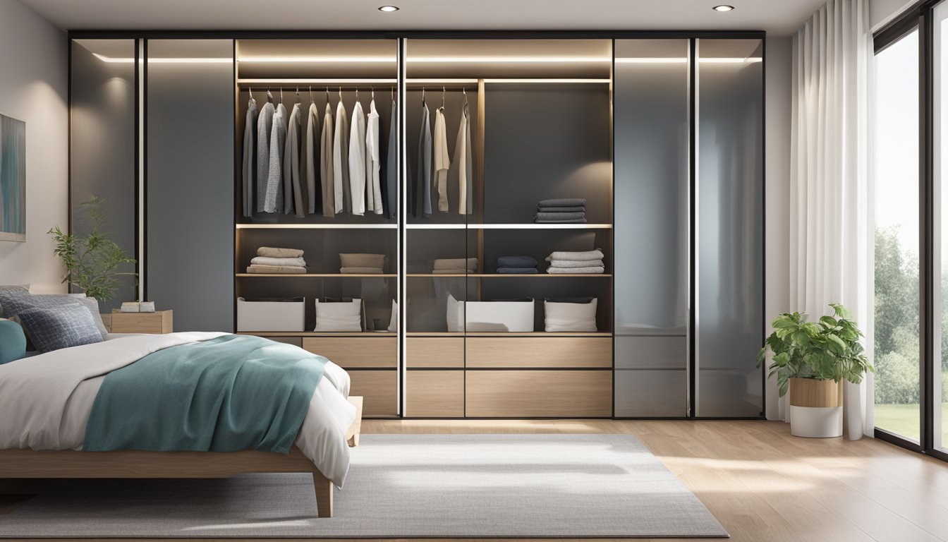 A sliding wardrobe with mirrored doors stands against a clean, modern bedroom wall. The doors are partially open, revealing neatly organized shelves and hanging clothes inside
