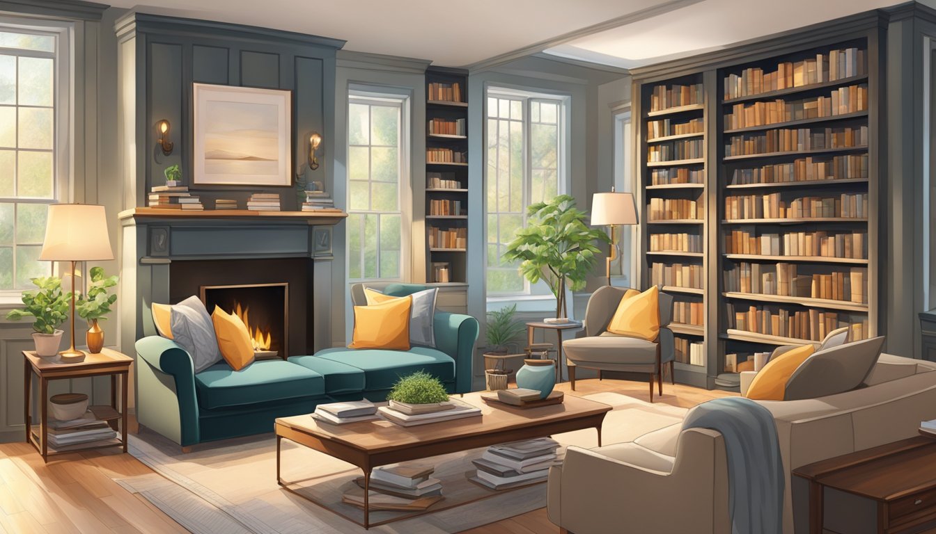 A cozy living room with a large, comfortable sofa facing a fireplace, surrounded by bookshelves and large windows letting in natural light