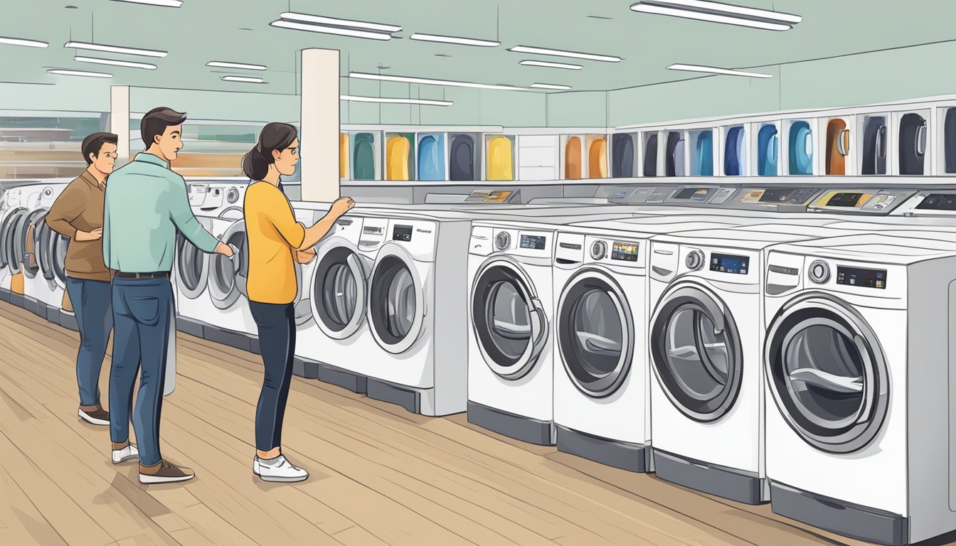 A customer comparing features of different washing machines in a store showroom