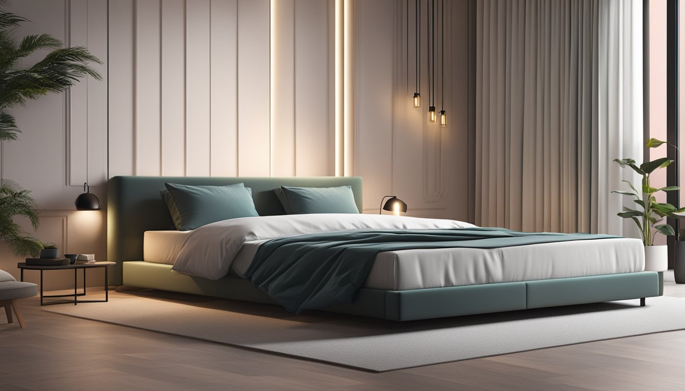 A foam mattress lies on a sleek bed frame in a modern Singaporean bedroom, surrounded by minimalist decor and soft ambient lighting