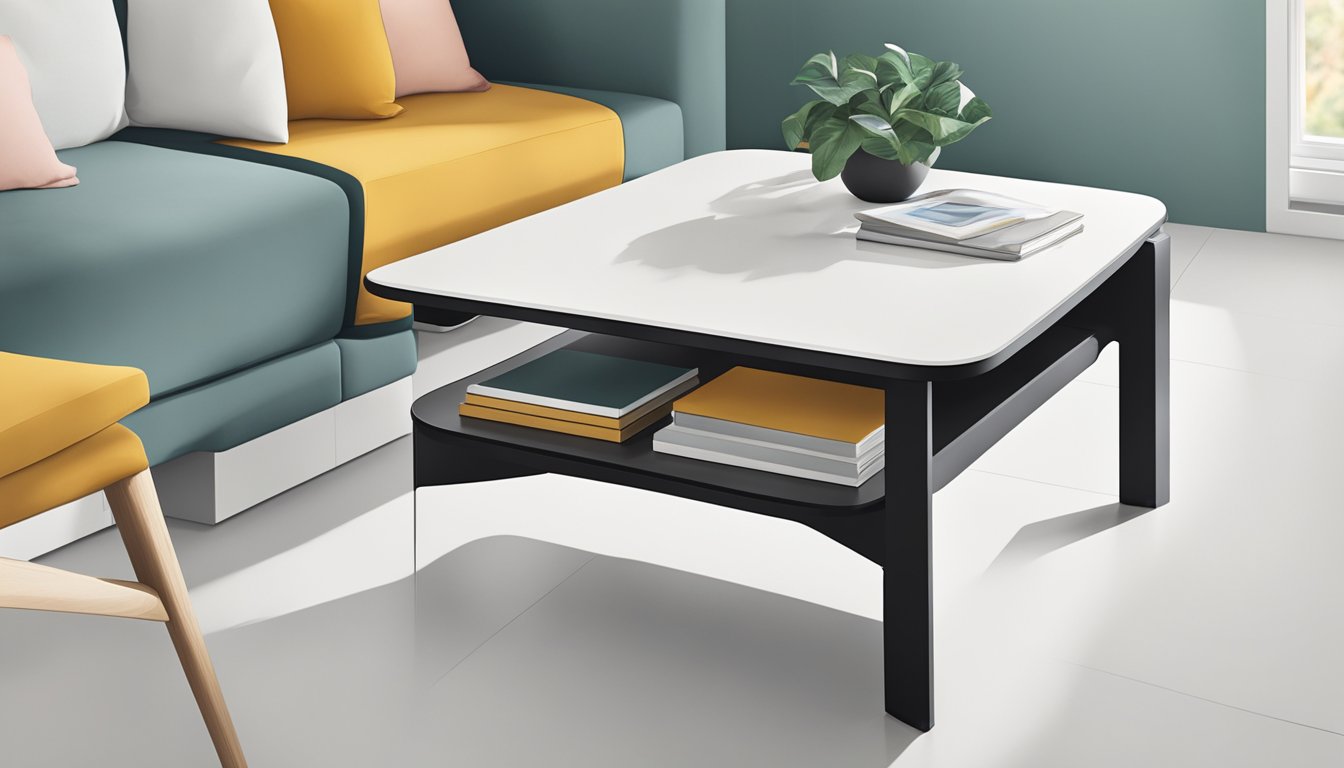 A hand reaches out to touch a sleek, modern designer coffee table in a showroom in Singapore. The table is made of high-quality materials and features clean lines and a minimalist design