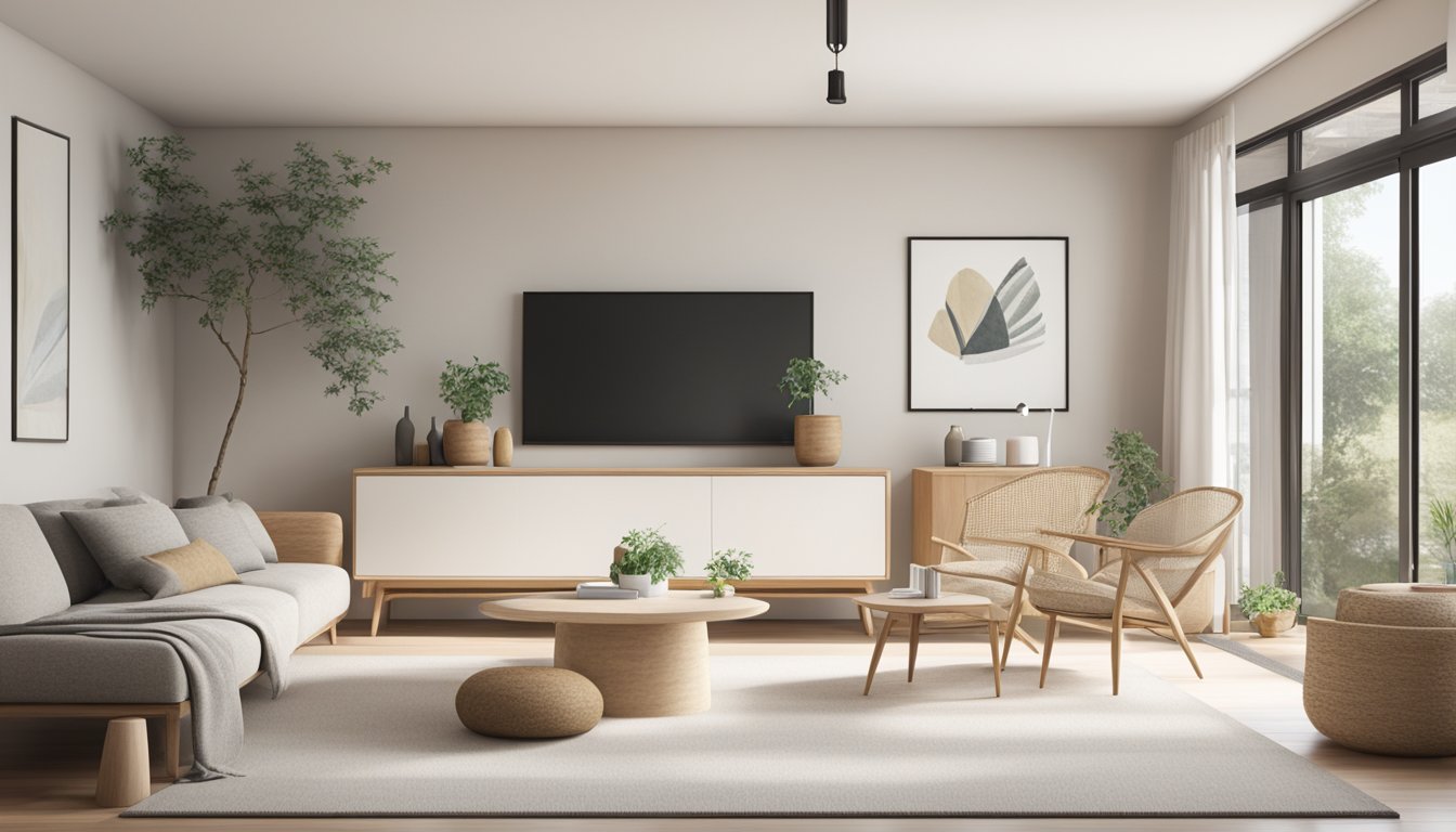 A minimalist living room with natural materials, neutral colors, and simple furniture arranged in a clean and uncluttered manner