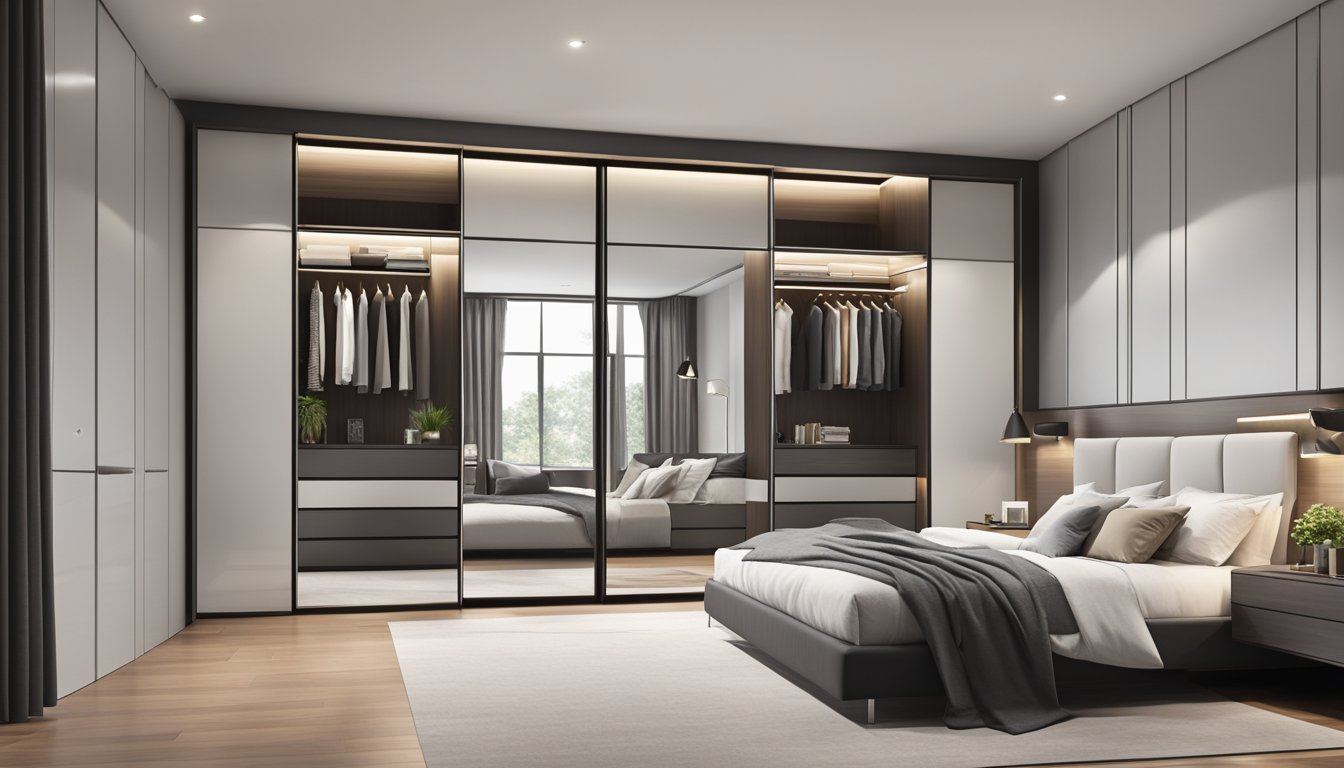 A spacious bedroom with a sleek, modern sliding wardrobe taking center stage. The wardrobe features clean lines, mirrored panels, and ample storage space