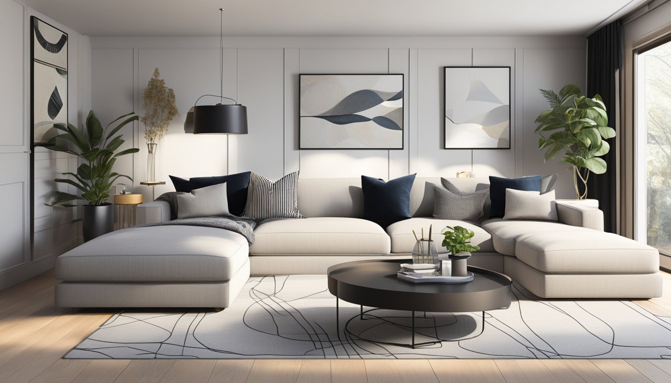 A modern living room with sleek, minimalist furniture and clean lines. A mix of neutral colors and bold accents create a stylish and inviting space