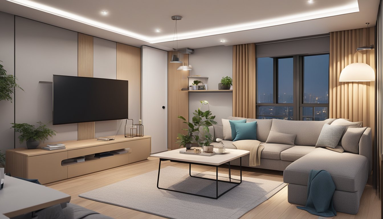 A cozy 3-room HDB flat with modern interior design features. Neutral color palette, sleek furniture, and clever space-saving solutions