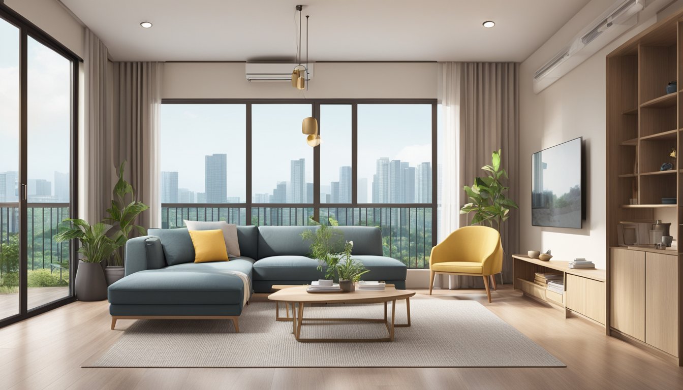 A spacious HDB living room with modern furniture, large windows letting in natural light, and a cozy seating area for entertaining guests