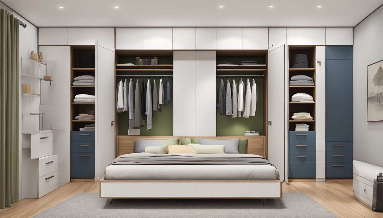 A platform bed with built-in wardrobe, showing storage compartments and functional design